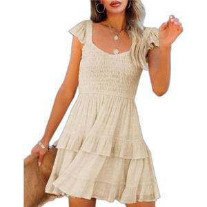 NWOT Fessceruna Beige Elastic Empire Waist Mini A-Line Ruffle Swing Dress XS